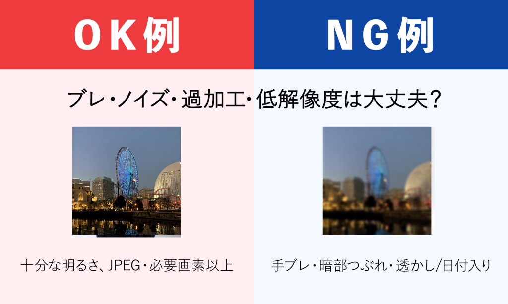 ブレ・ノイズ・過加工・低解像度は大丈夫?
